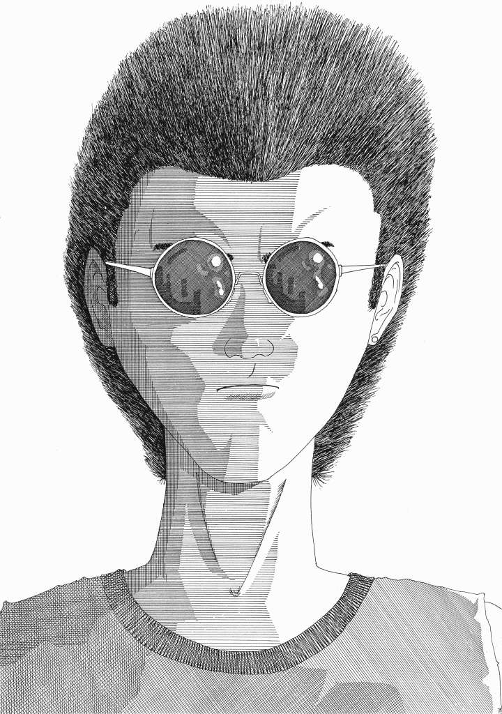 Portrait Imaginisation d'un homme aux lunettes de soleil rondes avec une coiffure haute et hérissée, contrastes d'ombres marqués par le dessin à l'encre.