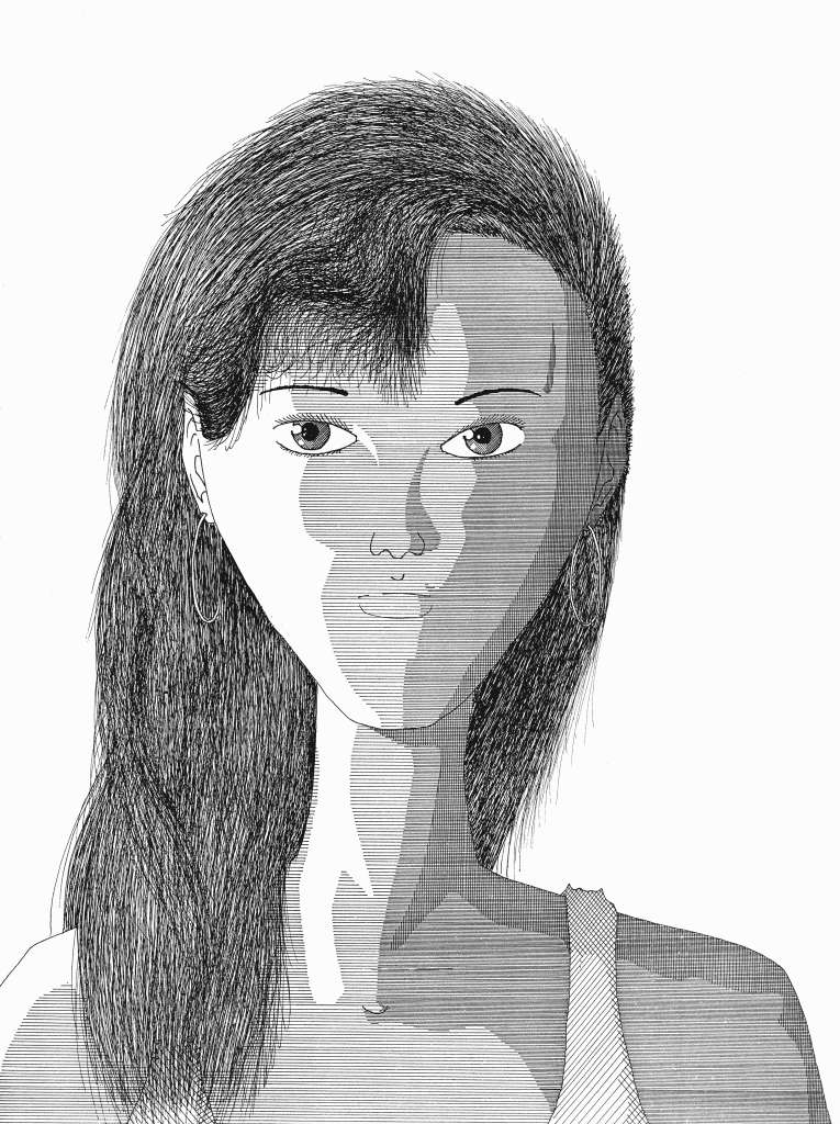 Portrait Imaginisation d'une femme aux longs cheveux foncés, avec un jeu d'ombre et de lumière par hachures à l'encre noire.