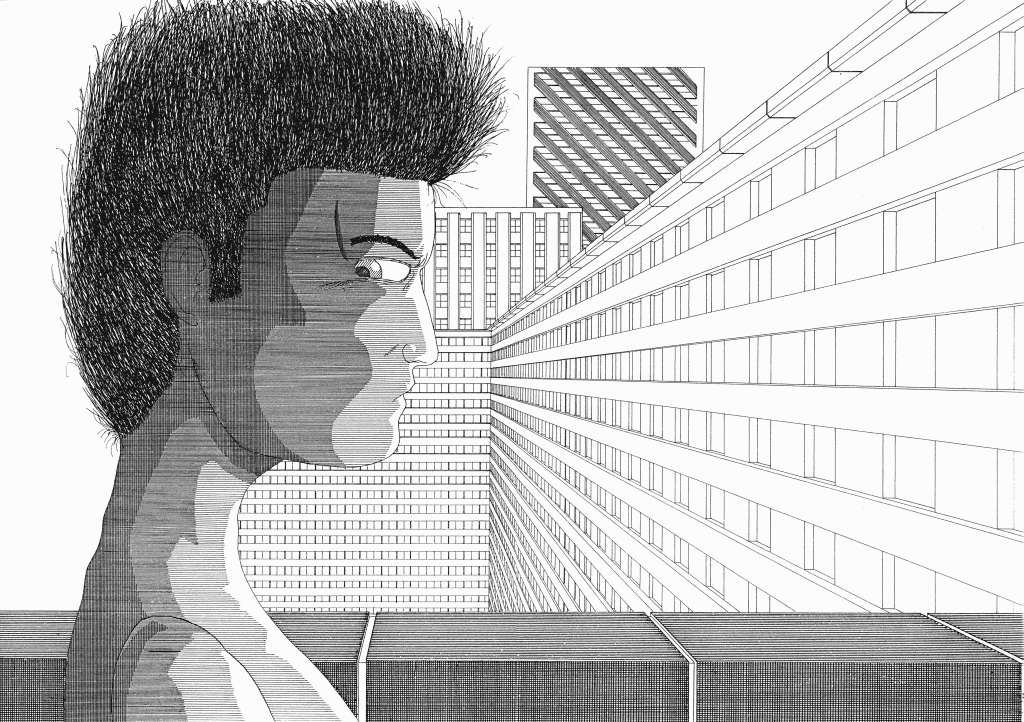 Dessin Imaginisation profil d'une figure aux cheveux crépus, fixant la longue façade d'un immeuble urbain en perspective.