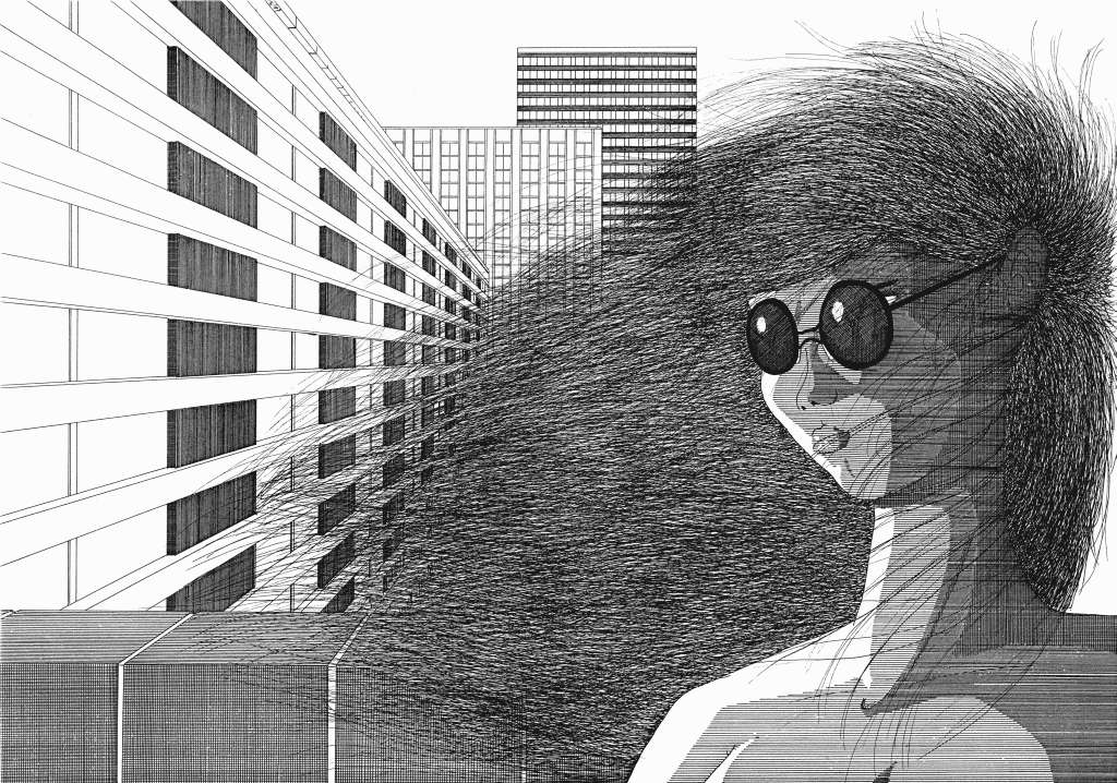 Dessin Imaginisation d'une femme aux lunettes noires, les cheveux longs emportés par le vent devant un paysage urbain de façades d'immeubles.