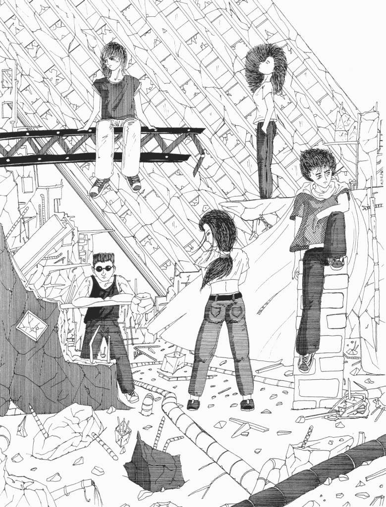 Dessin Imaginisation noir et blanc de cinq jeunes gens posant dans les décombres et ruines d'un bâtiment détruit, scène d'apocalypse urbaine.