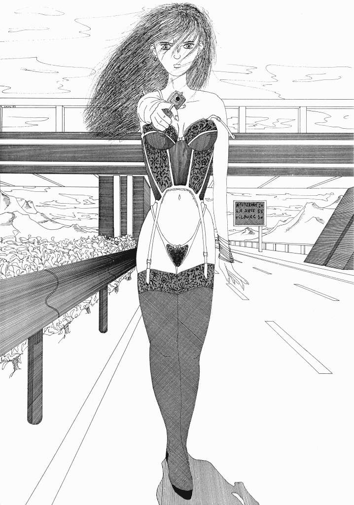 Dessin Imaginisation d'une femme en corset et porte-jarretelles pointant une rose, au milieu d'une autoroute près d'un panneau pour Amsterdam.