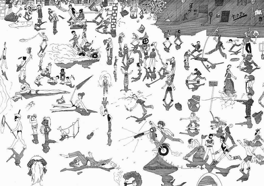 Dessin détaillé Imaginisation d'une foule chaotique de nombreuses figures animées et dispersées dans un espace urbain très chargé.