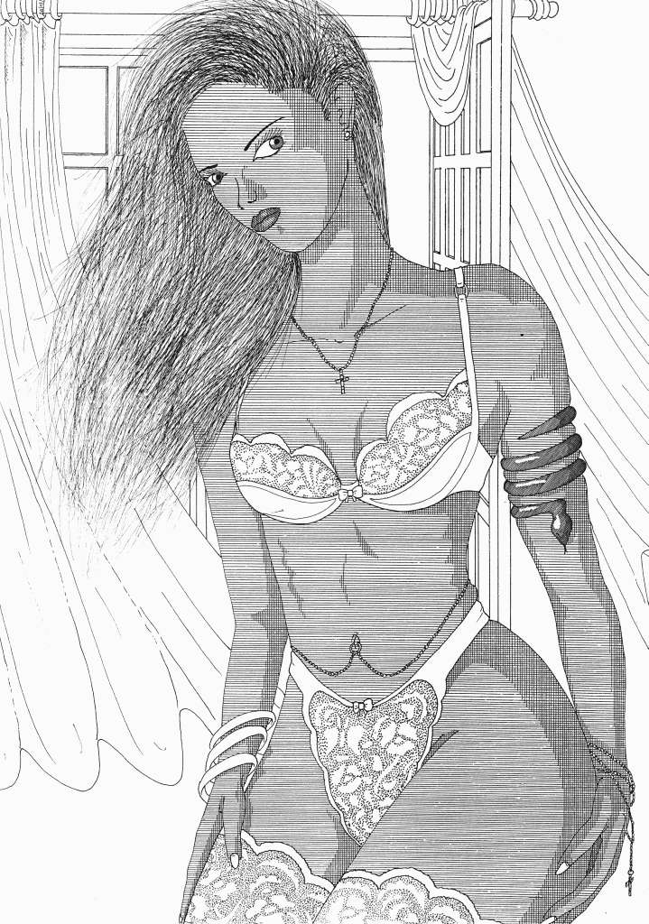 Dessin Imaginisation d'une femme en sous-vêtements de dentelle blanche devant une fenêtre, avec un serpent enroulé autour de son bras.