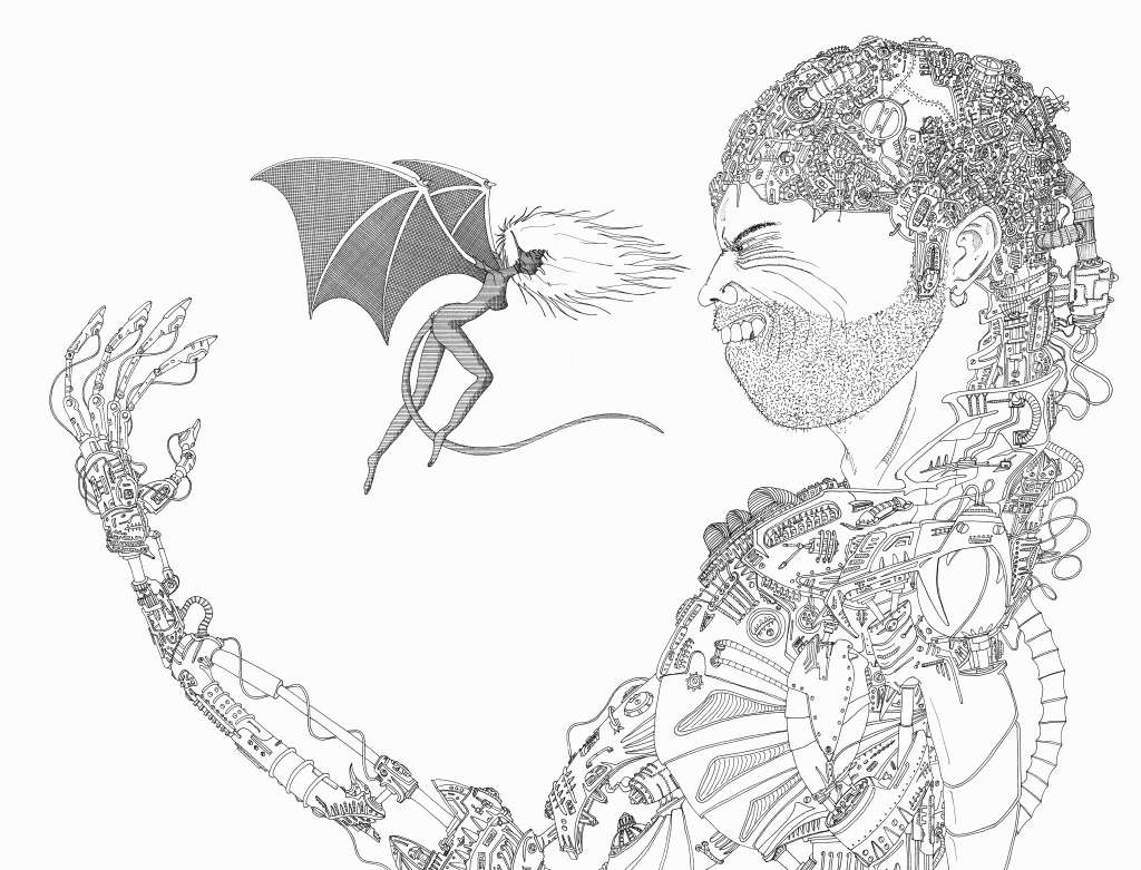 Dessin complexe Imaginisation représentant un homme cyborg (avec des éléments mécaniques) tenant une petite figure démoniaque ailée.
