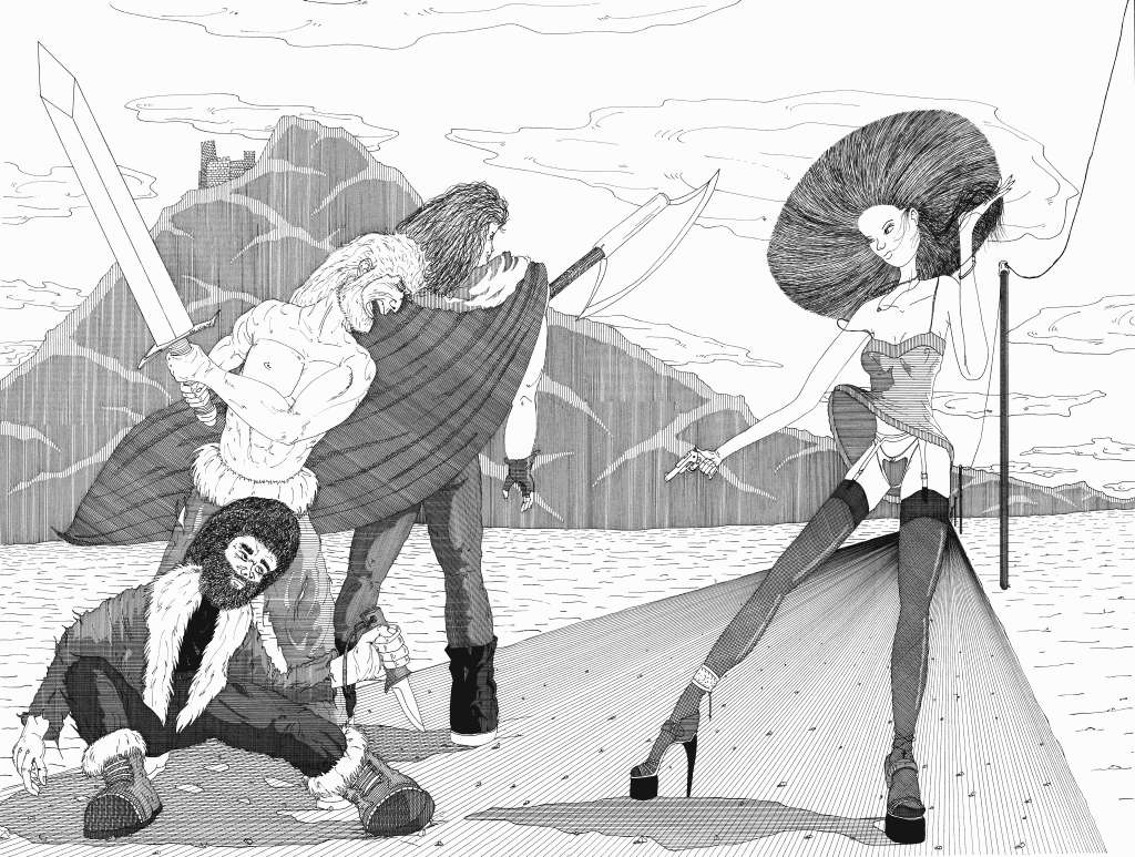 Dessin Imaginisation style heroic fantasy montrant une femme moderne se confrontant à des guerriers barbares armés d'épée et de hache.