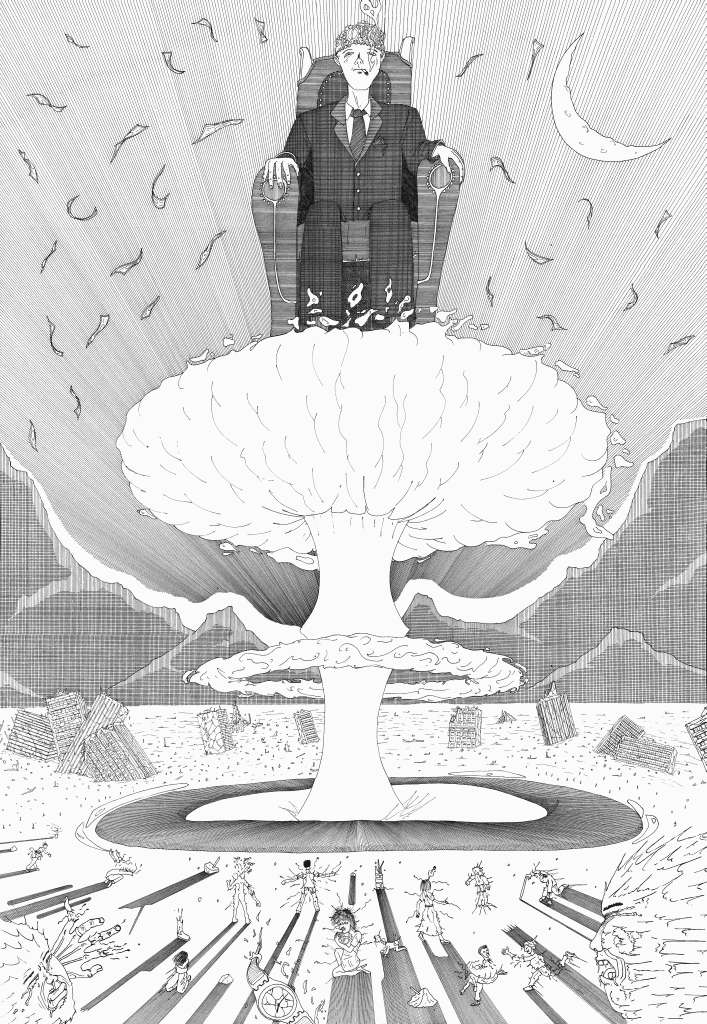 Dessin allégorique d'un homme en costume (le pouvoir) trônant au sommet d'un champignon atomique, dominant une ville en ruines.