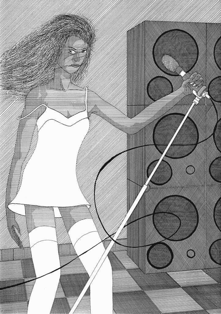 Dessin d'une chanteuse en déshabillé blanc tenant un microphone devant un mur d'encentes (haut-parleurs) géantes.