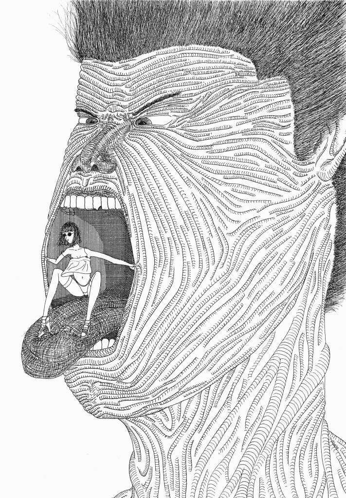 Dessin Imaginisation surréaliste d'une petite femme assise sur la lèvre inférieure d'un visage géant, dont la peau est striée de lignes.