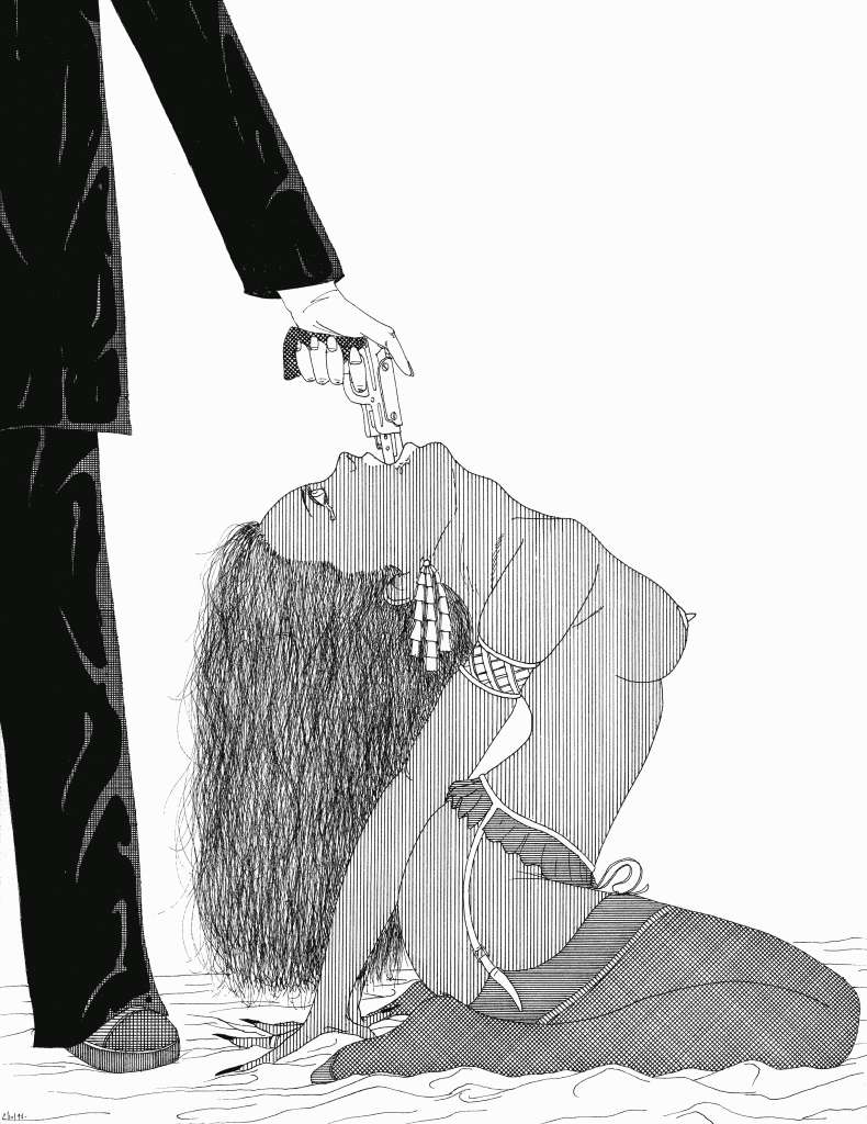 Dessin noir et blanc choquant d'un homme en costume pointant un pistolet dans la bouche d'une femme agenouillée.