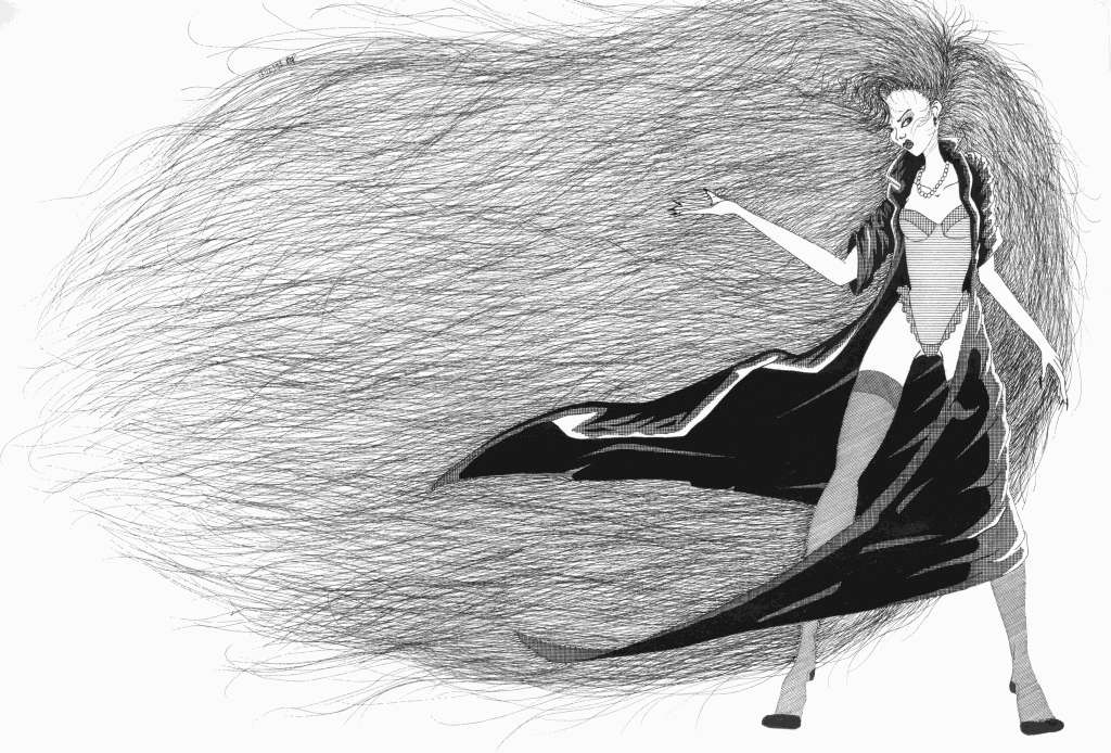 Dessin Imaginisation d'une femme fatale aux cheveux longs et exagérés, vêtue d'un long manteau sombre et de sous-vêtements.