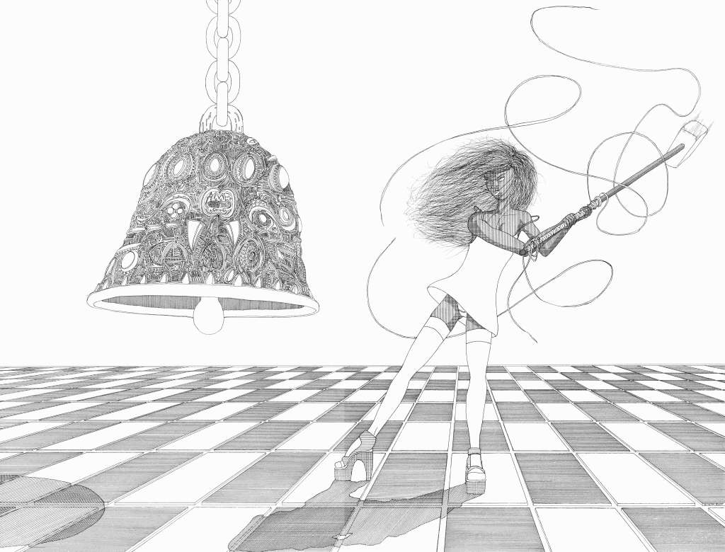 Dessin noir et blanc d'une femme combattant avec une arme devant une cloche suspendue ornée de visages démoniaques sur un sol à damier.