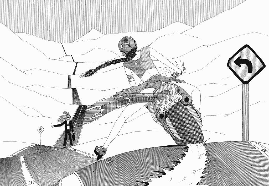 Dessin surréaliste d'une femme chevauchant une moto dans un paysage de montagne, sur une route qui s'effondre.