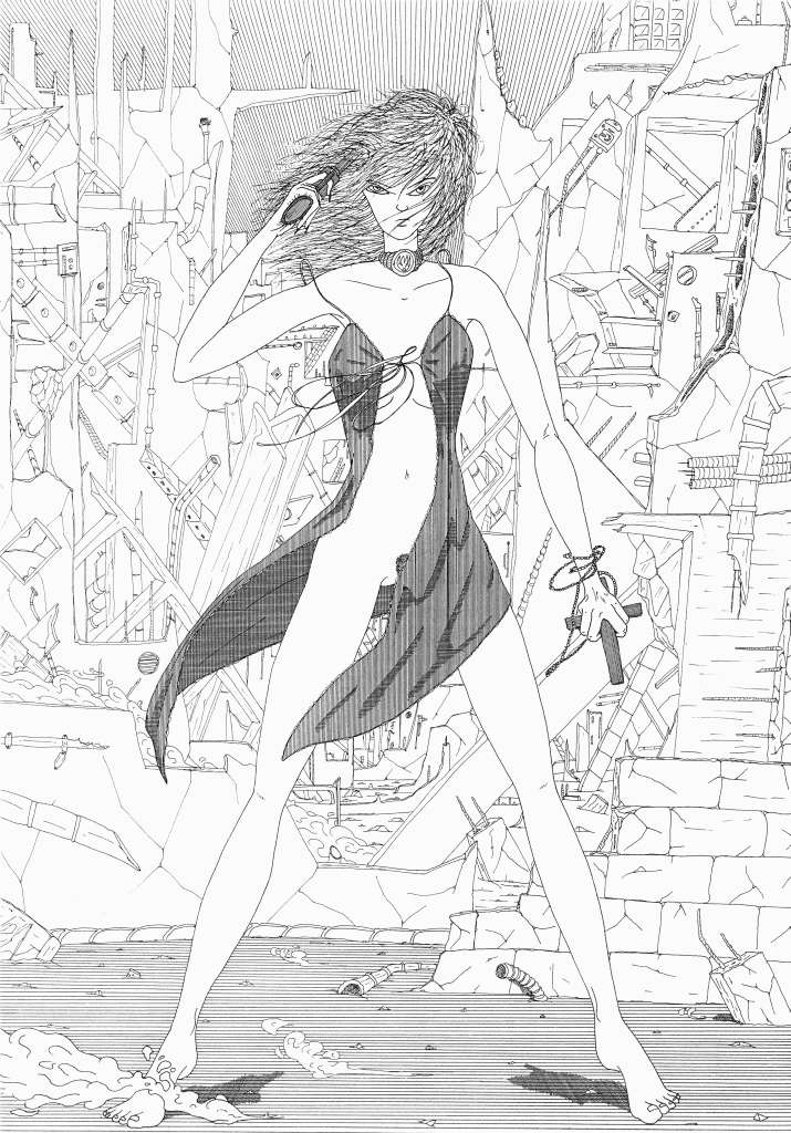 Dessin Imaginisation d'une femme guerrière en robe fendue tenant une croix, posant sur un champ de ruines et de débris.