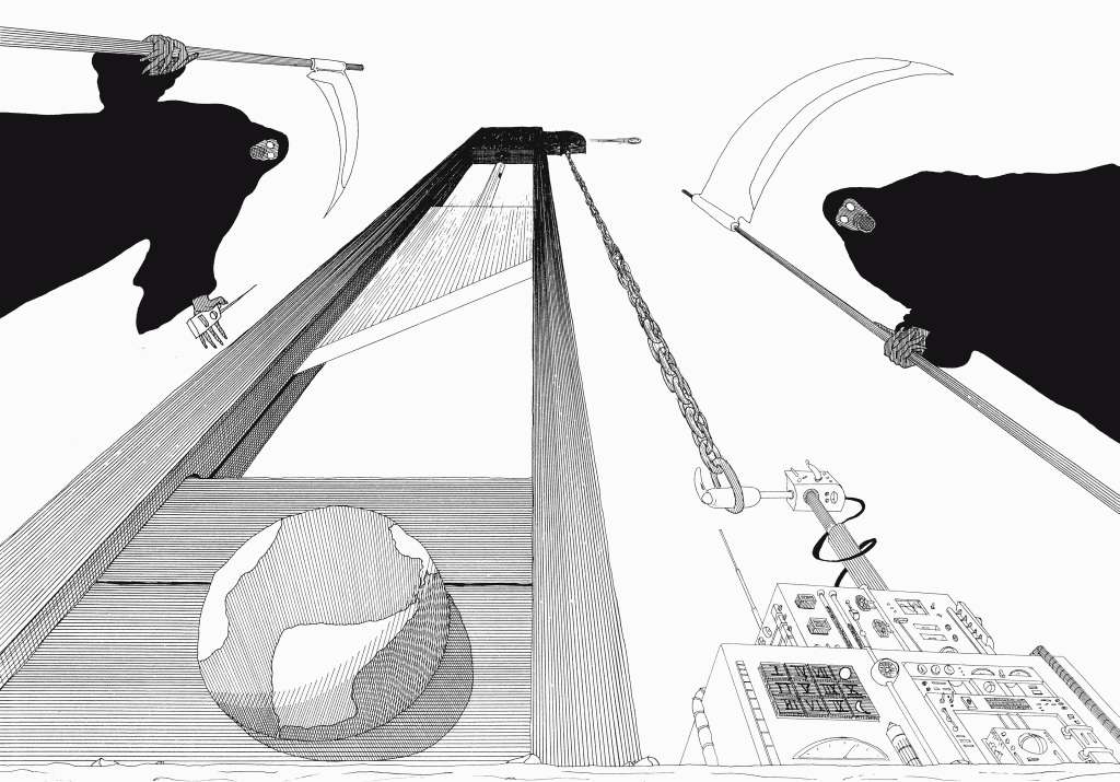 Dessin allégorique d'une guillotine vue d'en bas, avec le globe terrestre et des figures de la Mort tenant des faux.