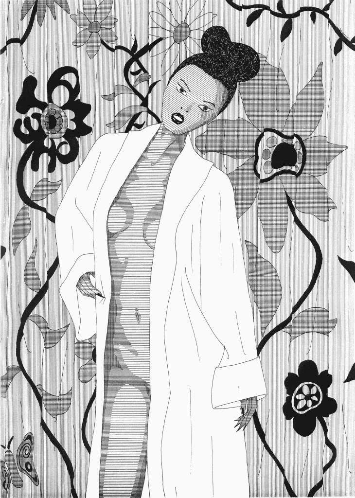 Dessin d'une femme en peignoir ouvert sur un fond floral et végétal abstrait, jouant avec l'ombre et la lumière sur le corps.