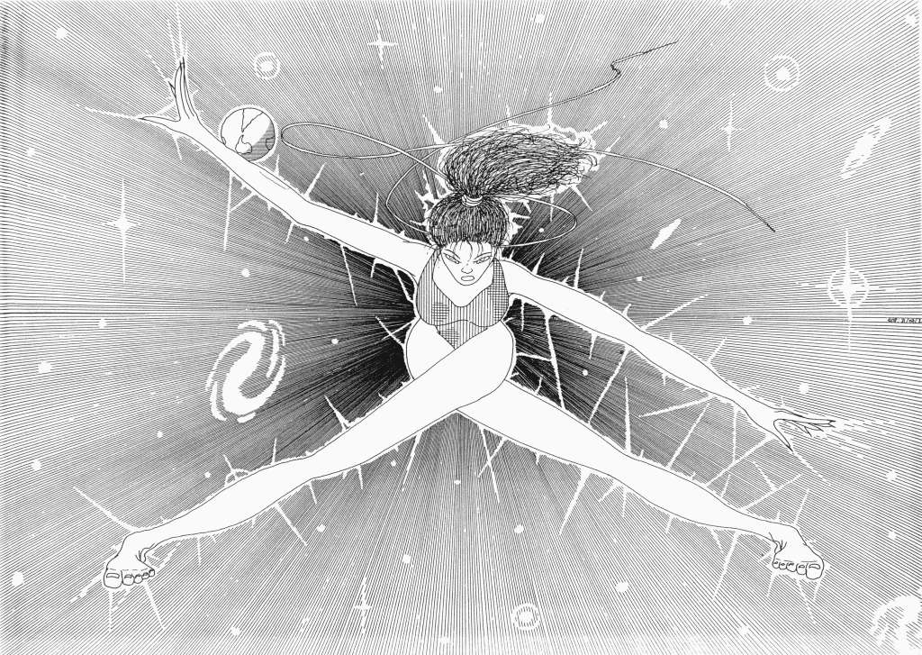 Dessin Imaginisation d'une gymnaste ou danseuse s'étirant dans l'espace, avec des galaxies et des étoiles en arrière-plan cosmique.