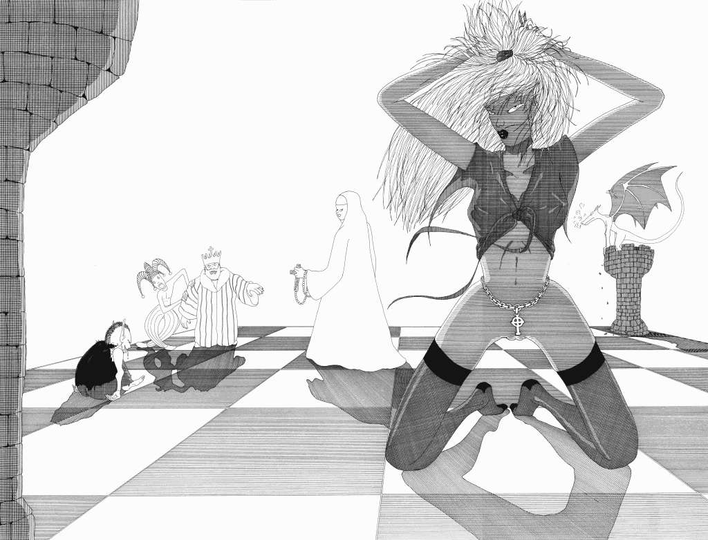 Dessin satirique/fantastique d'une femme blonde provocante au premier plan devant une scène de cour médiévale déformée.