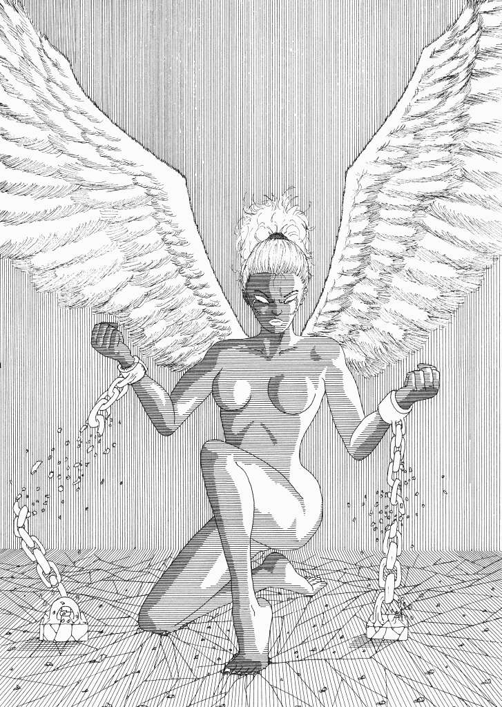 Dessin Imaginisation d'un ange (figure ailée) à genoux, les chaînes brisées aux poignets, sur un sol abstrait en perspective.