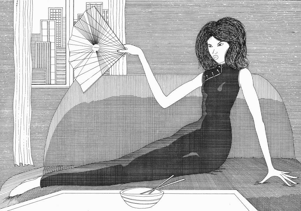 Dessin Imaginisation d'une femme asiatique en robe noire assise sur un canapé, tenant un éventail devant un paysage urbain.