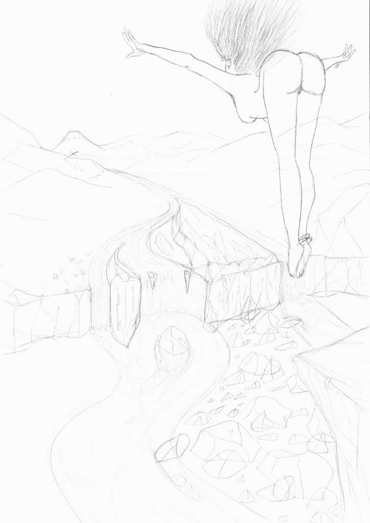 Croquis/dessin Imaginisation d'une femme nue qui plonge ou saute d'une falaise au-dessus d'une rivière de glace, par Gérald Ligonnet.